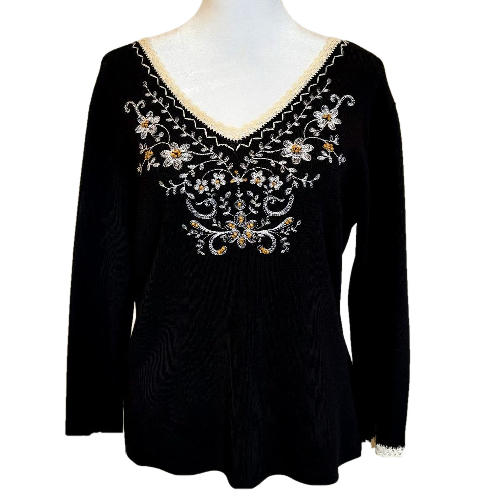 Pink Poodle Long Sleeve Black Shirt, Embroidery w/ Lace & Beads Size Med